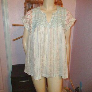Rachel Zoe Crinkle Gauze Tunic Top Size L Embroidered Metallic Babydoll Flowy